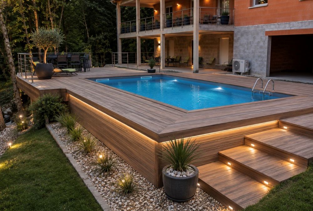 Piscine bois éclairée à la nuit tombée