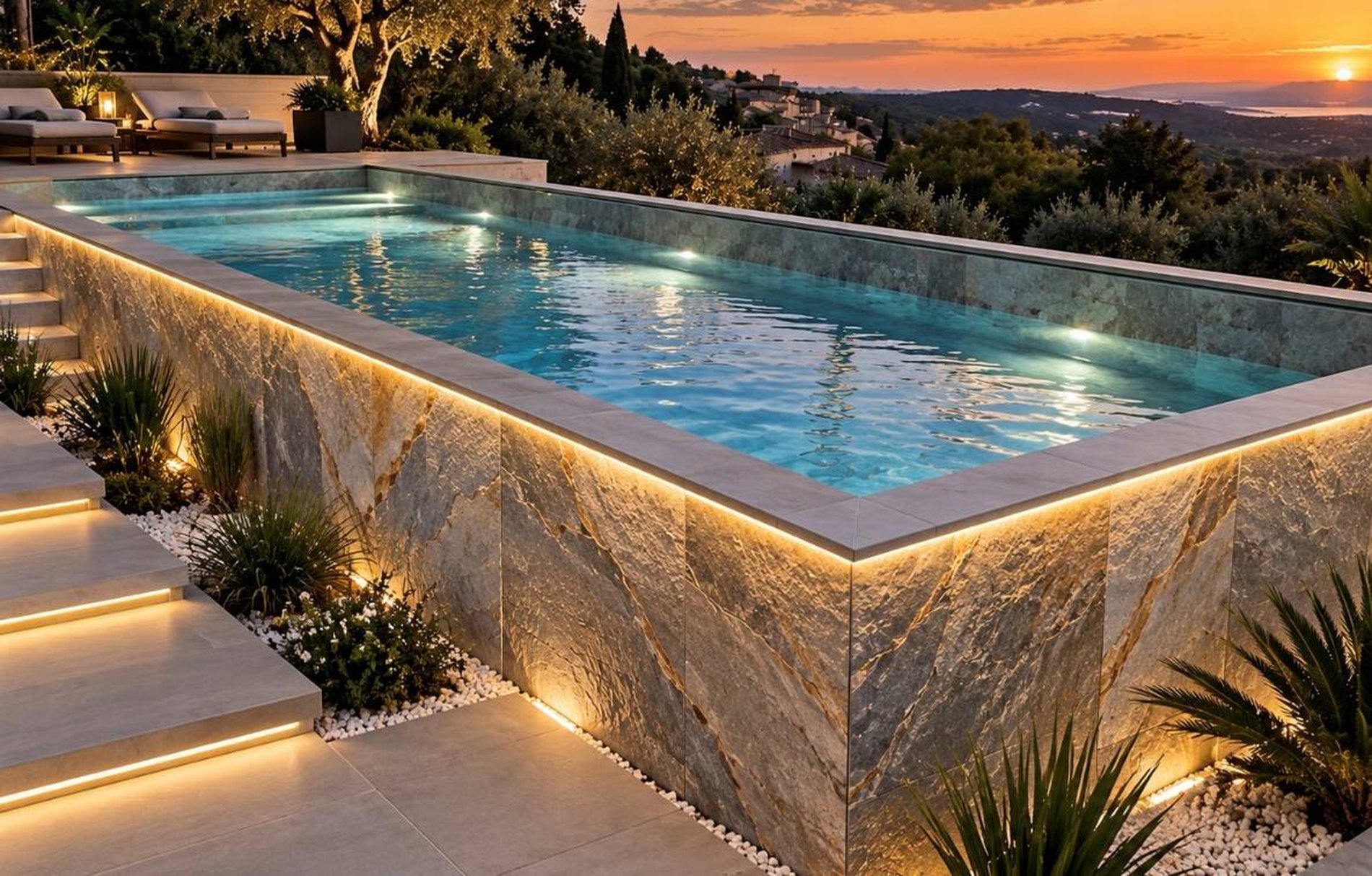 Piscine à débordement Spark Caraïbes au coucher du soleil